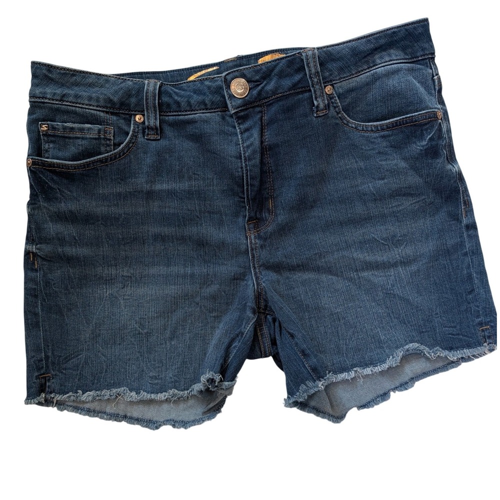 Seven7 Womens 10 Blue Jean Cut Off Shorts Medium Wash Raw Hem Embroidered Pocket